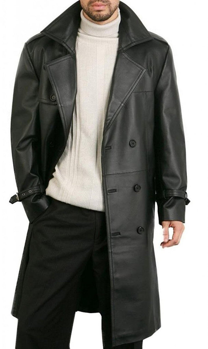 Full Length Black Leather Trench Coat for Men